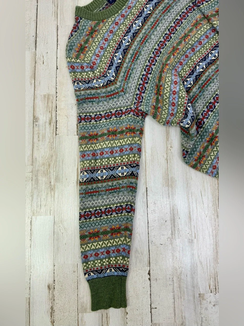 J Crew Fair Isle Lambswool Blend Crewneck Sweater Men Large Green Nordic